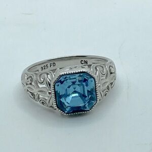 Vtg Sterling Silver & Blue Square Cubic Zirconia Floral Filirgree Band Sz 6.75